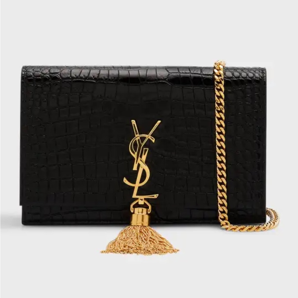 Saint Laurent Kate Croc Embossed Wallet on Chain Handbag